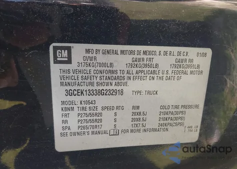 2008 Chevrolet Silverado 1500 Lt2 из США, поврежденный, VIN 3GCEK13338G232918